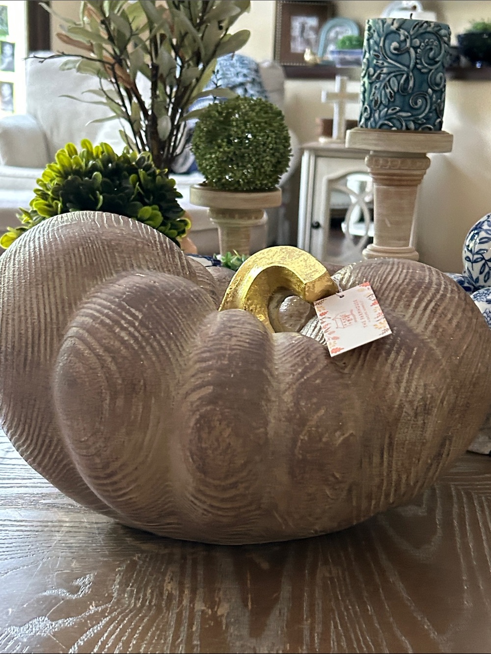 NEW! Shabby Chic LARGE Wood Finish Resin Fall Autumn Harvest Pumpkin & Gold Stem